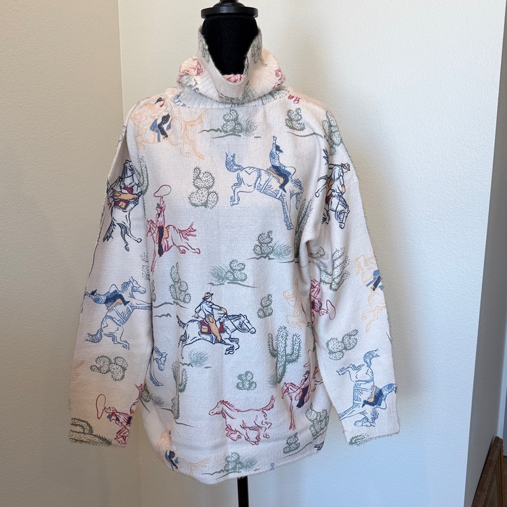 NWOT-Southwestern Cowboy Print Turtleneck Sweater